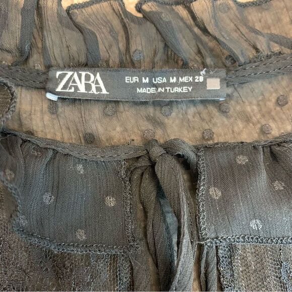 ZARA black mesh polka dot ruffle frill sheer lace long sleeve blouse Sz M - Picture 7 of 11